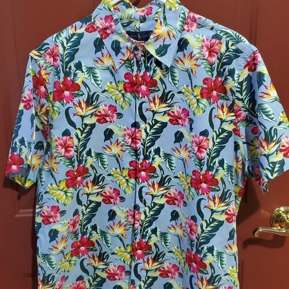 Ralph Lauren blue tropical floral  Hawaiin shirt size XL 100 percent cotton